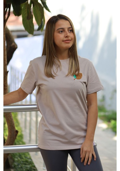 Kozalak Motifli Unisex Tişört - Taş - Xl