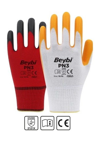 Beybi Pn3 Beyaz Sarı 10 Beden Polyester Örme Nitril Eldiven 12LI Paket