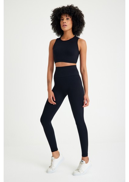 Toparlayıcı Dikişsiz Tayt - Crop Top Fitilli Takım