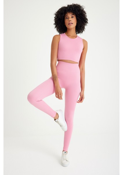 Toparlayıcı Dikişsiz Tayt - Crop Top Fitilli Takım