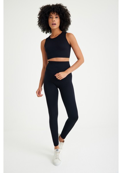 Toparlayıcı Dikişsiz Tayt - Crop Top Fitilli Takım
