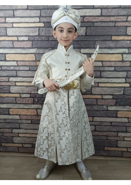(4-10 Yaş) Krem Altın Tokalı Kaftan Sünnet Kıyafeti