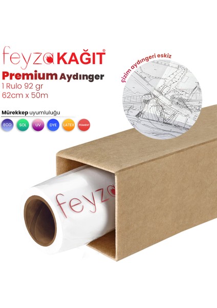 Feyza Kağıt® Plotter Aydınger (Çizim) Kağıdı  92GR  Rulo 62CM x 50MT (1 Rulo)