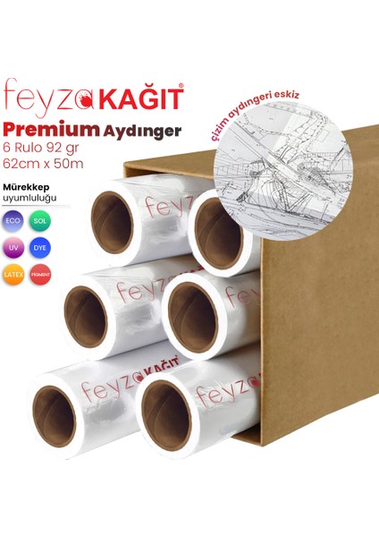 Feyza Kağıt® Plotter Aydınger (Çizim) Kağıdı  92GR  Rulo 62CM x 50MT (6 Rulo)