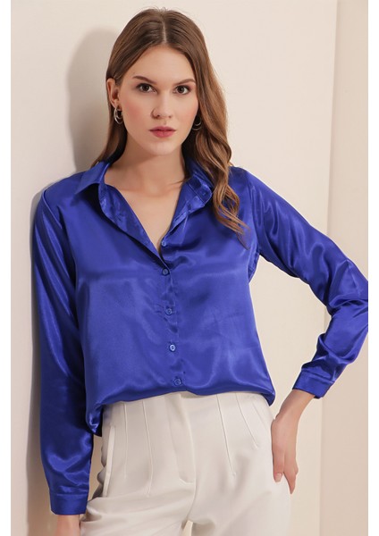 3964 Hafif Dökümlü Saten Gömlek - Saks