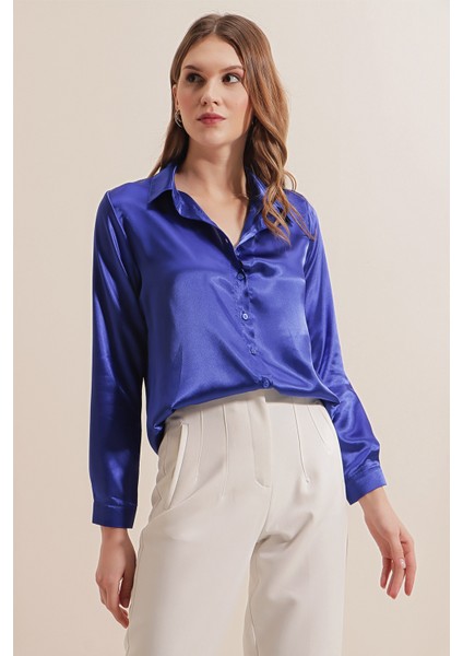 3964 Hafif Dökümlü Saten Gömlek - Saks fırsatları