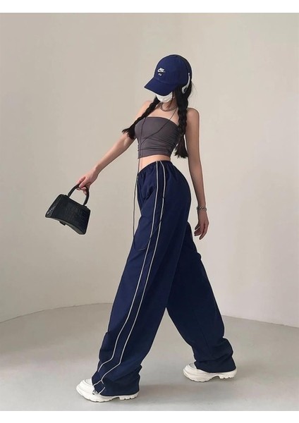 Harajuku Zip Detail Çift Çizgili Navy Blue Tracksuit Oversize Lacivert Eşofman Altı