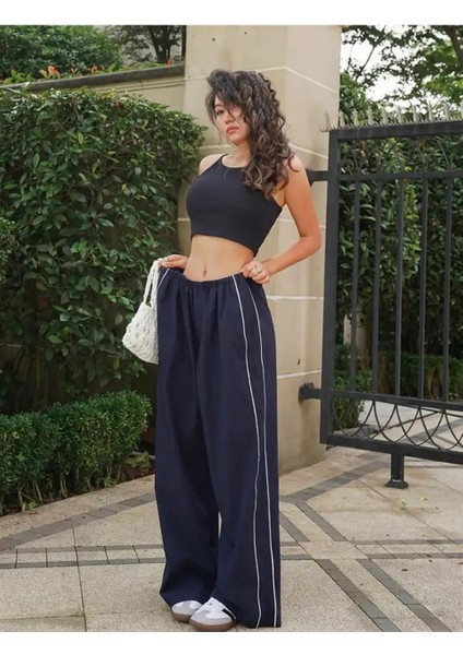 Harajuku Zip Detail Çift Çizgili Navy Blue Tracksuit Oversize Lacivert Eşofman Altı fiyatları