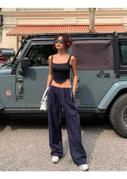 Harajuku Zip Detail Çift Çizgili Navy Blue Tracksuit Oversize Lacivert Eşofman Altı fırsatları