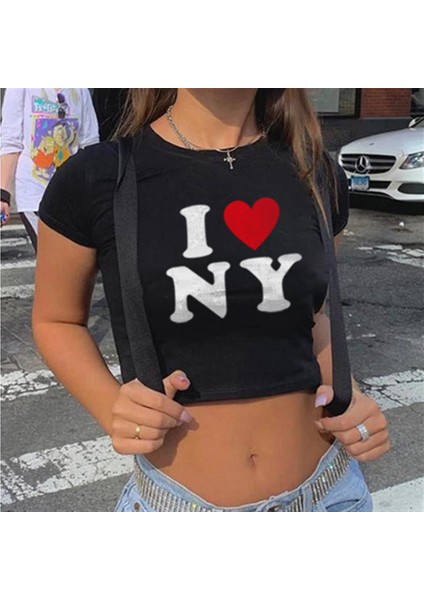 I Love Ny Baskılı Siyah Crop