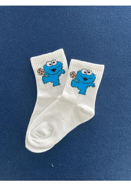 Touz Moda Cookie Monster Unisex Beyaz Kolej Çorap