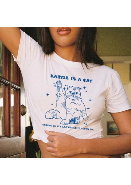 Karma Is A Cat Baskılı Beyaz Crop