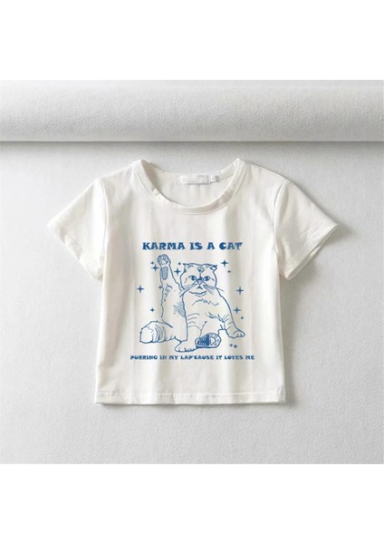 Karma Is A Cat Baskılı Beyaz Crop fiyatları
