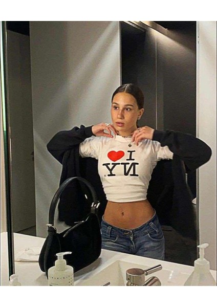 I Love Ny Baskılı Beyaz Crop