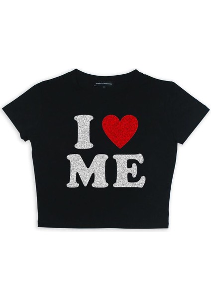 I Love Me Baskılı Siyah Crop
