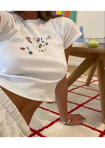 Real Love Baskılı Beyaz Crop fiyatları