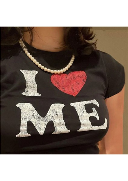 I Love Me Baskılı Siyah Crop