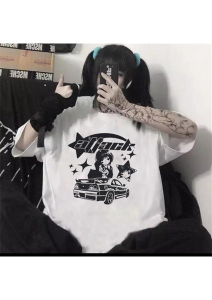Killer Girl & Car Baskılı Beyaz Oversize T-Shirt