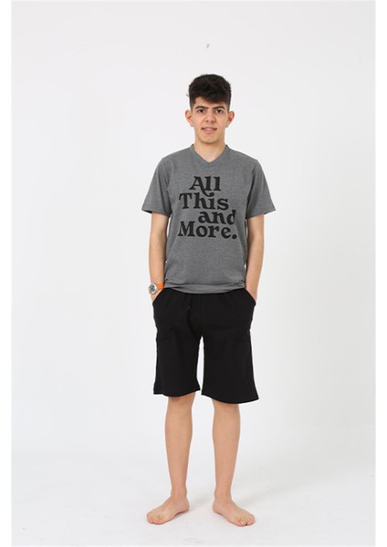 Erkek Genç Garson Boy Kısa Kol Antrasit Penye Şortlu Pijama Takımı 20377