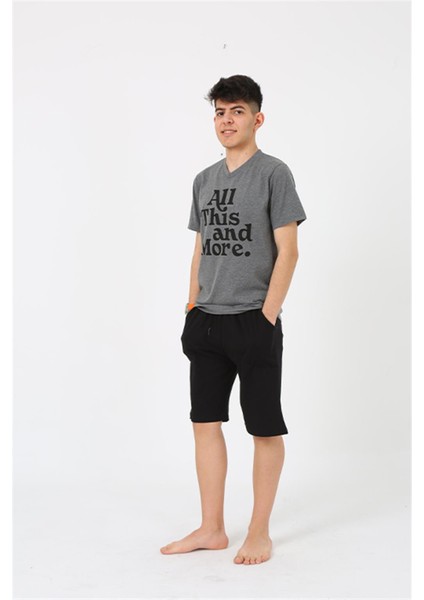 Erkek Genç Garson Boy Kısa Kol Antrasit Penye Şortlu Pijama Takımı 20377
