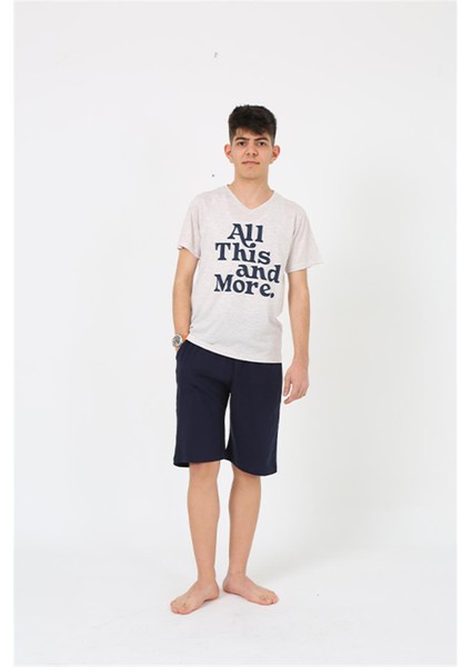 Erkek Genç Garson Boy Kısa Kol Krem Penye Şortlu Pijama Takımı 20377