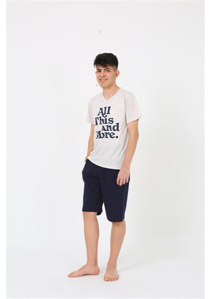 Erkek Genç Garson Boy Kısa Kol Krem Penye Şortlu Pijama Takımı 20377