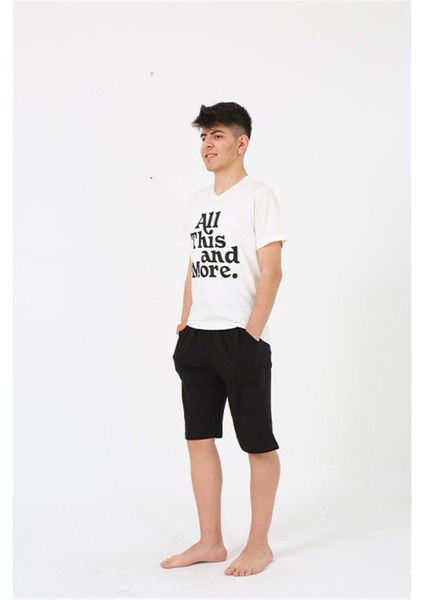 Erkek Genç Garson Boy Kısa Kol Ekru Penye Şortlu Pijama Takımı 20377
