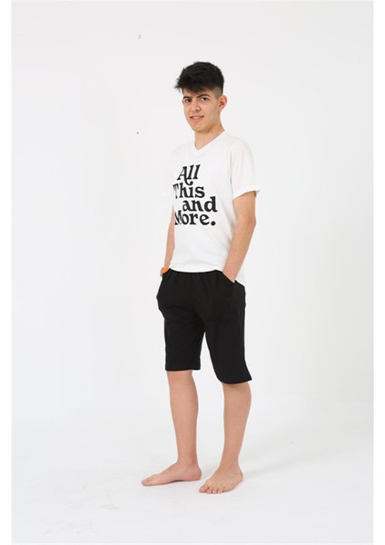 Erkek Genç Garson Boy Kısa Kol Ekru Penye Şortlu Pijama Takımı 20377