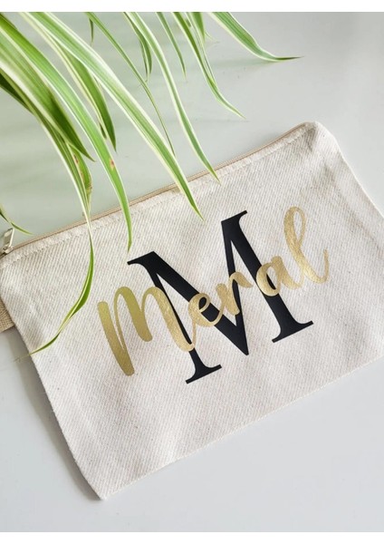 Kişiye Özel İsme Özel Siyah ve Altın Sarısı Renkli Bez Çanta Clutch