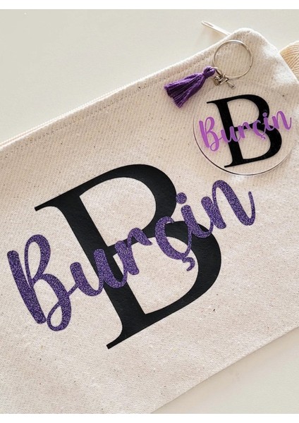 Kişiye Özel İsme Özel Yaldızlı Mor Bez Çanta Clutch Ve Anahtarlık Seti fiyatları