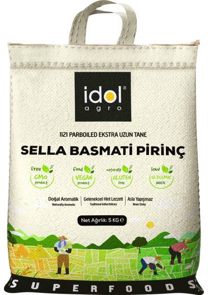 idolagro Sella Basmati Pirinç - 5 Kg -parboiled, Yapışmaz Extra Uzun Tane, Ekobag