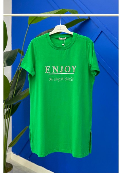 MB27.164 Yazılı Taşlı Baskılı Tshirt - Yeşil