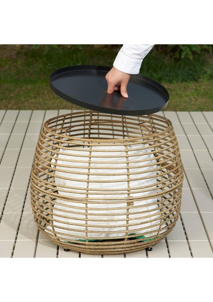 Rattan Yuvarlak Tepsili Sehpa, Meridyendukkan Kahverengi, 52X44X44 cm Iç-Dış Mekanda Kullanım