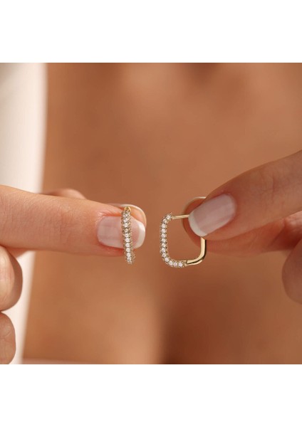 Taşlı Altın Halka Küpe Kare Form 1.5 cm