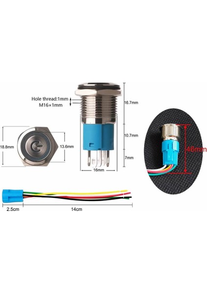 16MM Ledli Kablolu Latch Tip Metal Button 12V 16MM 1no 1nc Spdt On Off Su Geçirmez Paslanmaz Çelik