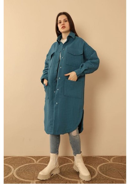 Jakar Kumaş Küçük Pitikare Oversize Uzun Gömlek-Indigo