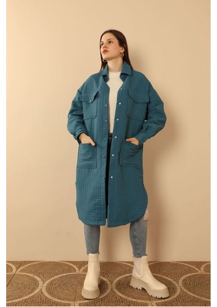 Jakar Kumaş Küçük Pitikare Oversize Uzun Gömlek-Indigo