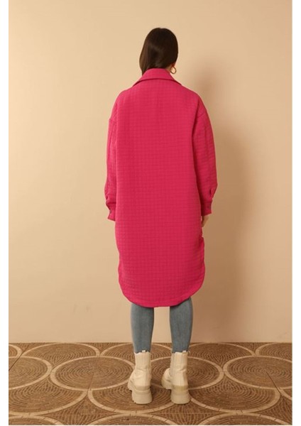 Jakar Kumaş Küçük Pitikare Oversize Uzun Gömlek-Fuşya
