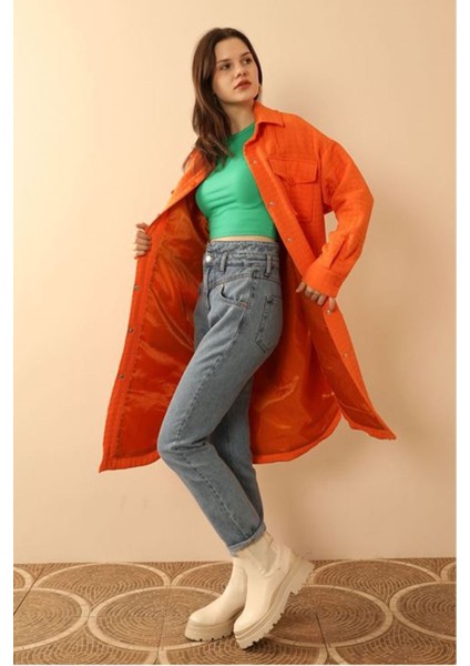 Jakar Kumaş Küçük Pitikare Oversize Uzun Gömlek-Oranj modelleri