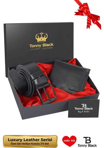 Tonny Black Orijinal Erkek Özel Hediye Kutulu 2'li Set Luxury Serisi Hediyelik Aksesuar Kutusu Çeyiz Düğün Baba İçin Damat Takımı Şık Klasik Deri Kemer ve Cüzdan Seti