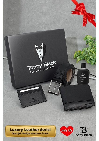 Tonny Black Orijinal Erkek Özel Hediye Kutulu 4'lü Set Luxury Serisi Hediyelik Aksesuar Kutusu Çeyiz Düğün Baba İçin Damat Takımı Şık Klasik Deri Kemer Cüzdan Kartlık ve Parfüm Seti