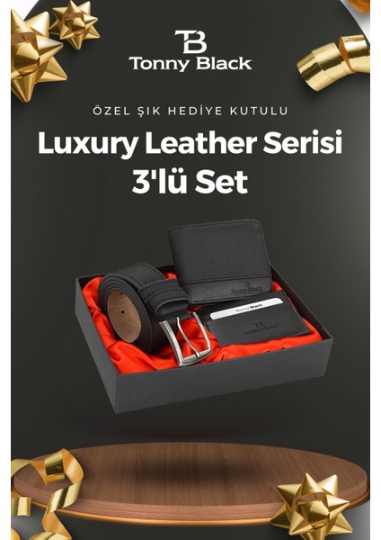 Tonny Black Orijinal Erkek Özel Hediye Kutulu 3'lü Set Luxury Serisi Hediyelik Aksesuar Kutusu Çeyiz Düğün Baba İçin Damat Takımı Şık Klasik Deri Kemer Cüzdan ve Kartlık Seti