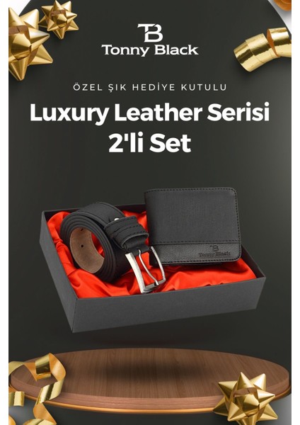 Tonny Black Orijinal Erkek Özel Hediye Kutulu 2'li Set Luxury Serisi Hediyelik Aksesuar Kutusu Çeyiz Düğün Baba İçin Damat Takımı Şık Klasik Baba Deri Kemer ve Cüzdan Seti