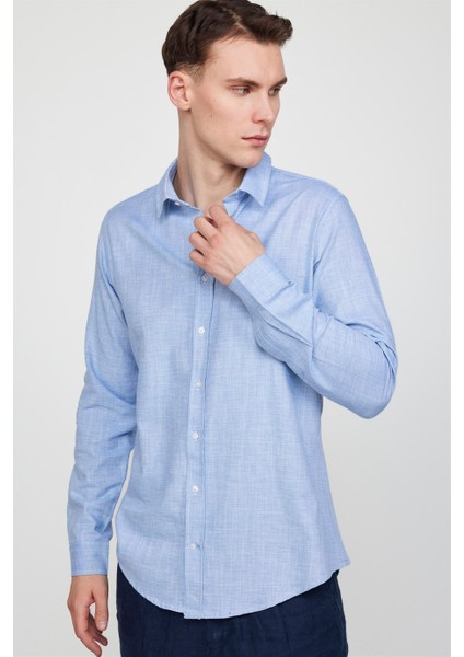 Slim Fit Uzun Kol Keten Efekt Düz Biyeli Mavi Gömlek fiyatları