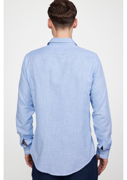 Slim Fit Uzun Kol Keten Efekt Düz Biyeli Mavi Gömlek fırsatları