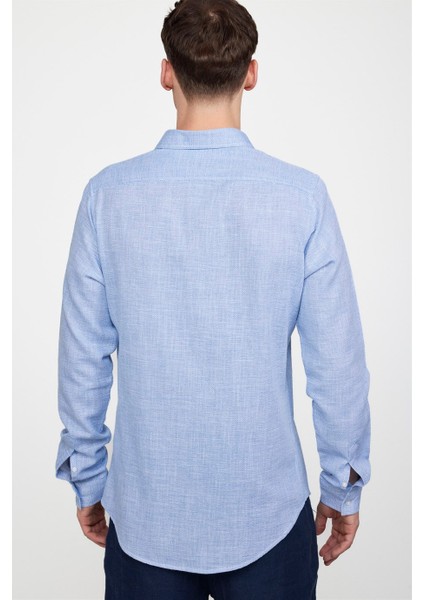 Slim Fit Uzun Kol Keten Efekt Düz Biyeli Mavi Gömlek fırsatları