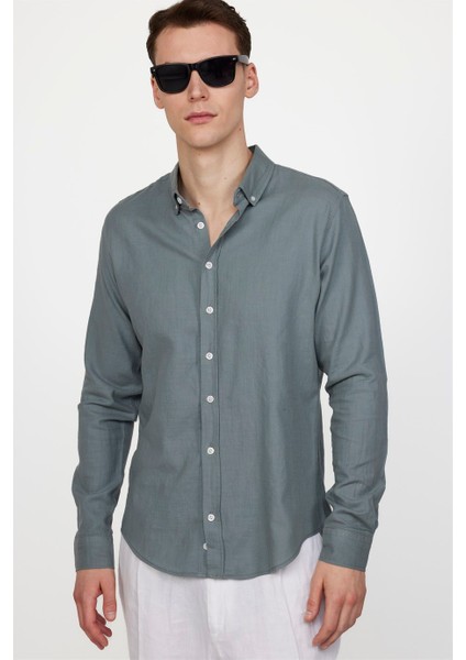 Slim Fit Uzun Kol Biyeli Yaka Düğmeli Gri Keten Erkek Gömlek fiyatları