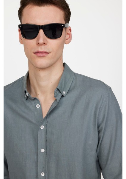 Slim Fit Uzun Kol Biyeli Yaka Düğmeli Gri Keten Erkek Gömlek modelleri