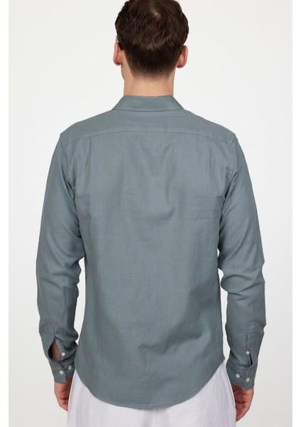 Slim Fit Uzun Kol Biyeli Yaka Düğmeli Gri Keten Erkek Gömlek fırsatları