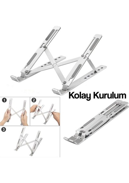 Jx-18 Laptop Stand MacBook Notebook Katlanabilir Taşınabilir Metal Standı Gümüş